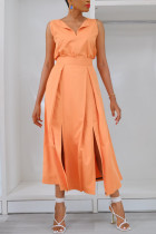 Orange Casual Daily Solid Slit Fold V Neck Sleeveless Two Pieces