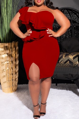 Red Sexy Solid Backless Beading One Shoulder Sleeveless Dress Plus Size Dresses