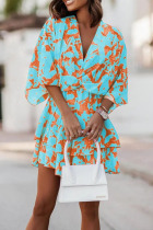Sky Blue Casual Print Patchwork V Neck Dresses
