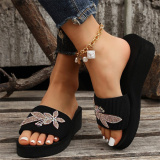 Black Casual Patchwork Solid Color Rhinestone Round Comfortable Wedges Shoes (Heel Height 1.97in)
