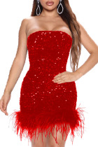 Red Sexy Patchwork Sequins Backless Strapless Sleeveless Dress Dresses