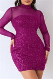 Rose Red Fashion Sexy Patchwork Sequins See-through Turtleneck Long Sleeve Dresses