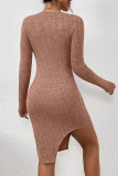 Light Brown Casual Solid Patchwork Asymmetrical Square Collar Pencil Skirt Dresses