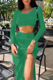 Green Sexy Solid Patchwork Slit U Neck Long Sleeve Two Pieces