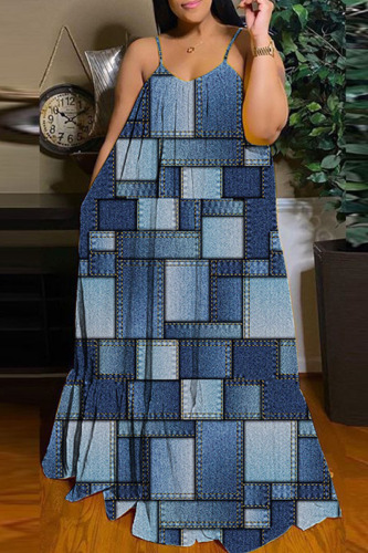 Deep Blue Casual Street Print Patchwork Spaghetti Strap Sling Dress Dresses