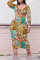 Dark Yellow Casual Print Patchwork O Neck Straight Plus Size Dresses