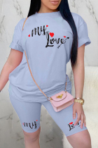 Light Blue Casual Letter Print Basic O Neck Short Sleeve Two Pieces
