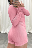 Pink Casual Street Solid Patchwork V Neck Skinny Jumpsuits