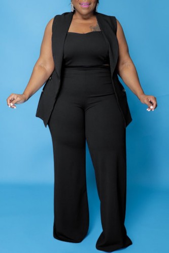 Black Casual Solid Basic Turndown Collar Plus Size Three Piece Set
