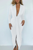 White Sexy Solid Patchwork Slit Fold Asymmetrical V Neck One Step Skirt Dresses