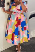 Multicolor Casual Print Basic V Neck Short Sleeve Dress Plus Size Dresses