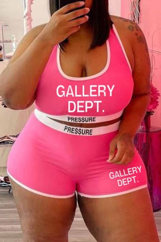 Pink Street Print Patchwork Letter U Neck Plus Size Two Pieces