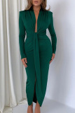 Green Sexy Solid Patchwork Slit Fold Asymmetrical V Neck One Step Skirt Dresses