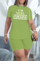 Fruit Green Fashion Casual Letter Print Bandage O Neck Short Sleeve Two Pieces
