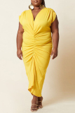 Yellow Casual Solid Fold V Neck Short Sleeve Dress Plus Size Dresses