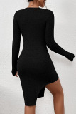 Black Casual Solid Patchwork Asymmetrical Square Collar Pencil Skirt Dresses