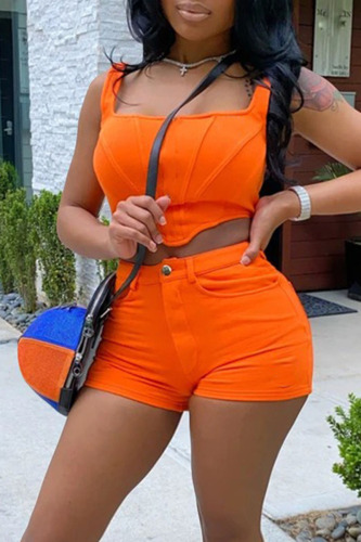 Tangerine Sexy Solid Patchwork Asymmetrical Square Collar Two Pieces
