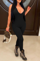 Black Sexy Solid Patchwork Halter Skinny Jumpsuits