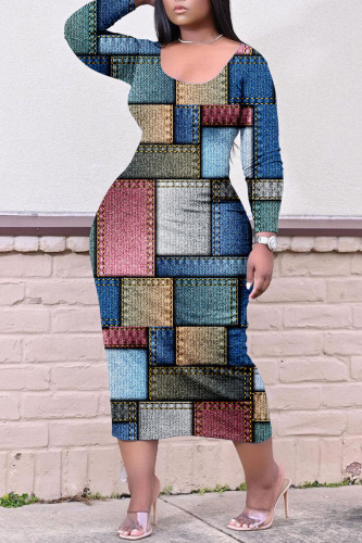 Powder Blue Casual Print Patchwork O Neck Straight Plus Size Dresses