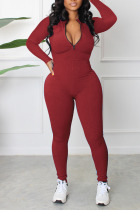 Red Casual Sportswear Solid Patchwork Zipper Collar Regular Jumpsuits