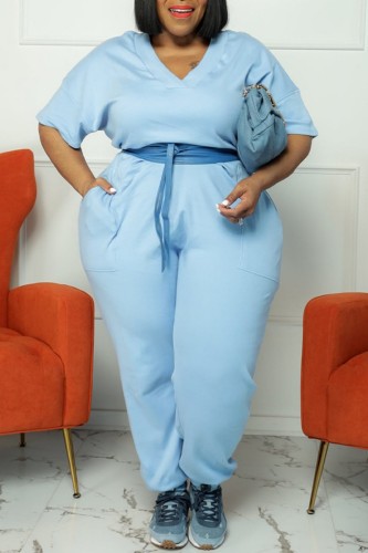 Baby Blue Casual Solid Basic V Neck Plus Size Jumpsuits (Without Belt)