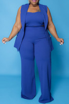 Blue Casual Solid Basic Turndown Collar Plus Size Three Piece Set