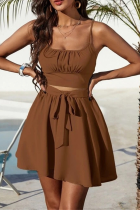 Dark Brown Sexy Solid Bandage Spaghetti Strap Sleeveless Two Pieces