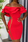 Red Sexy Solid Patchwork Flounce Off the Shoulder Sheath Dresses