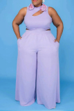 Light Purple Plus Size Sexy Casual Solid Hollowed Out Asymmetrical Collar