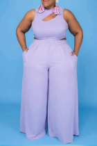 Light Purple Plus Size Sexy Casual Solid Hollowed Out Asymmetrical Collar