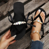 Black Casual Patchwork With Bow Round Comfortable Wedges Shoes (Heel Height 1.97in)