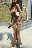 Light Brown Sexy Solid Patchwork Slit U Neck Long Sleeve Two Pieces