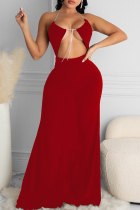 Red Sexy Solid Bandage Patchwork Backless Halter Long Dress Dresses