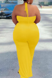 Yellow Sexy Solid Patchwork Backless Flounce Halter Plus Size Jumpsuits