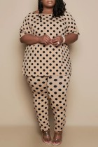 Khaki Casual Print Basic O Neck Plus Size Two Pieces