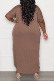 Brown Casual Daily Solid Slit Basic V Neck Short Sleeve Dress Plus Size