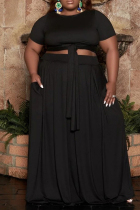 Black Casual Solid Bandage O Neck Plus Size Two Pieces
