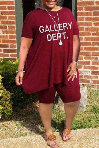 Burgundy Casual Print Letter O Neck Plus Size Two Pieces