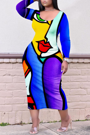 Royal Blue Casual Print Patchwork O Neck Straight Plus Size Dresses
