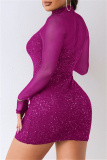 Purple Fashion Sexy Patchwork Sequins See-through Turtleneck Long Sleeve Dresses