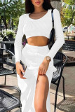 White Sexy Solid Patchwork Slit U Neck Long Sleeve Two Pieces