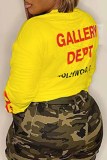 Yellow Street Print Letter O Neck Tops