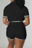 Black Casual Letter Embroidery Patchwork Zipper Collar Short Sleeve Two Pieces