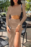 Light Brown Sexy Solid Patchwork Slit U Neck Long Sleeve Two Pieces