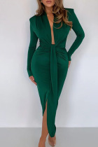 Green Sexy Solid Patchwork Slit Fold Asymmetrical V Neck One Step Skirt Dresses