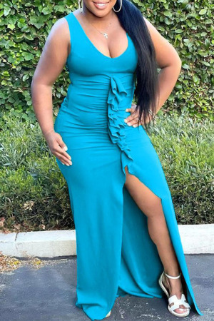Peacock Blue Sexy Solid Slit Fold Stringy Selvedge U Neck Asymmetrical Dresses