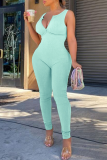 Blue Sexy Solid Patchwork V Neck Skinny Jumpsuits