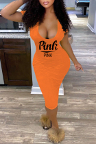 Orange Sexy Casual Letter Print Basic U Neck Short Sleeve Dress