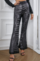 Black Sexy Street Sequins Patchwork Boot Cut High Waist Speaker Patchwork Bottoms