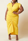 Yellow Casual Solid Fold V Neck Short Sleeve Dress Plus Size Dresses
